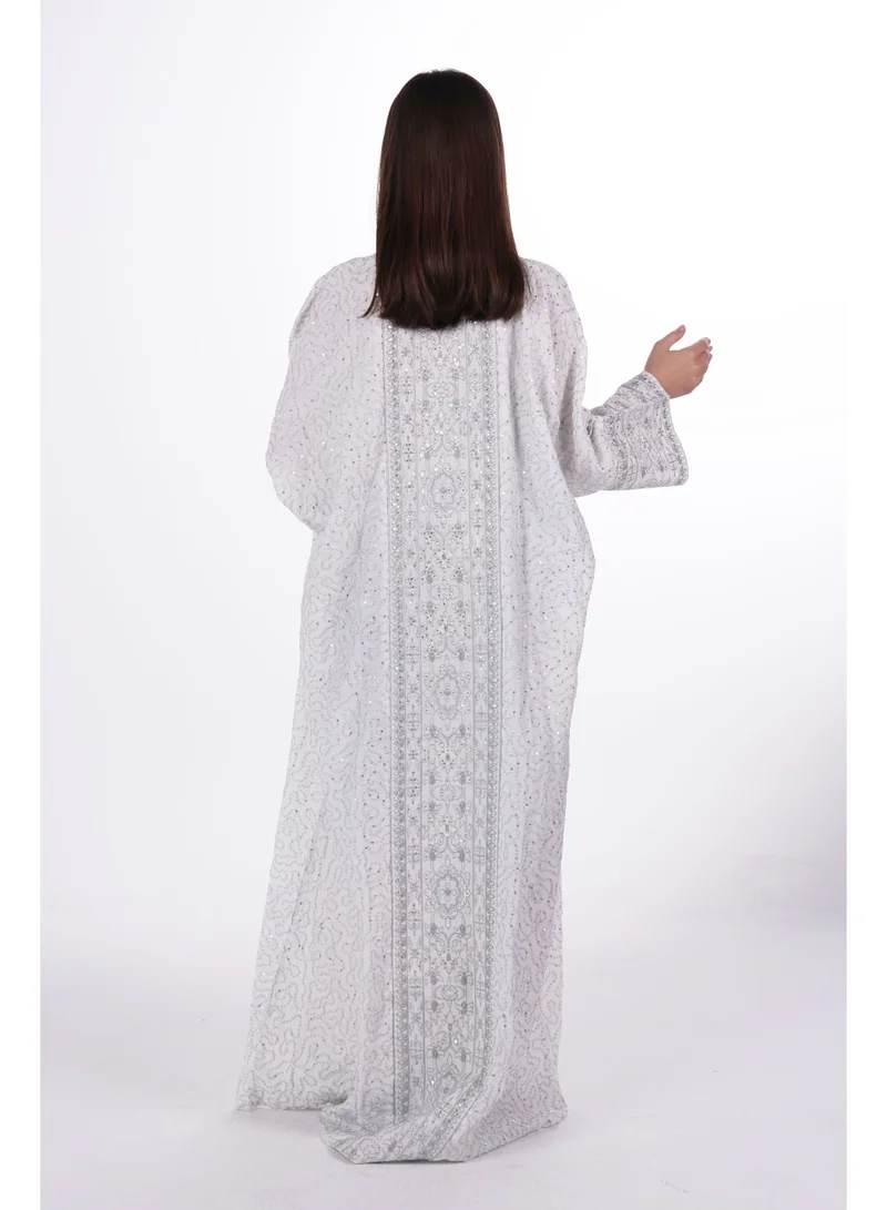 AL BENT AL SHARQIEH white Embroidered Linen Jalabiya dress with unvisible belt for Women | Best Price UAE